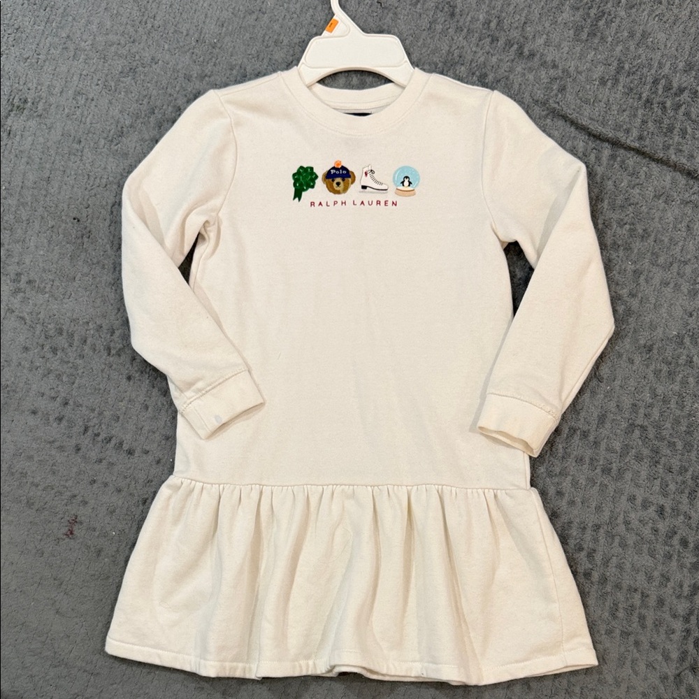 Polo Ralph Lauren Cream Ruffle-Hem Sweatshirt Dress with Embroidered 6X